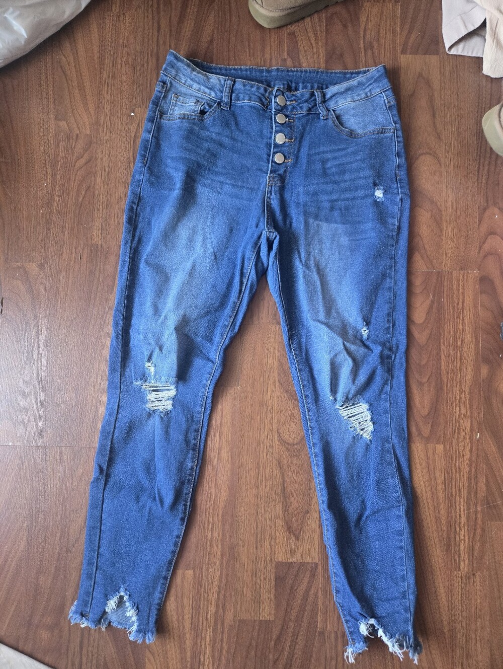 SHEIN Dark Blue High-Rise Distressed Skinny Jeans